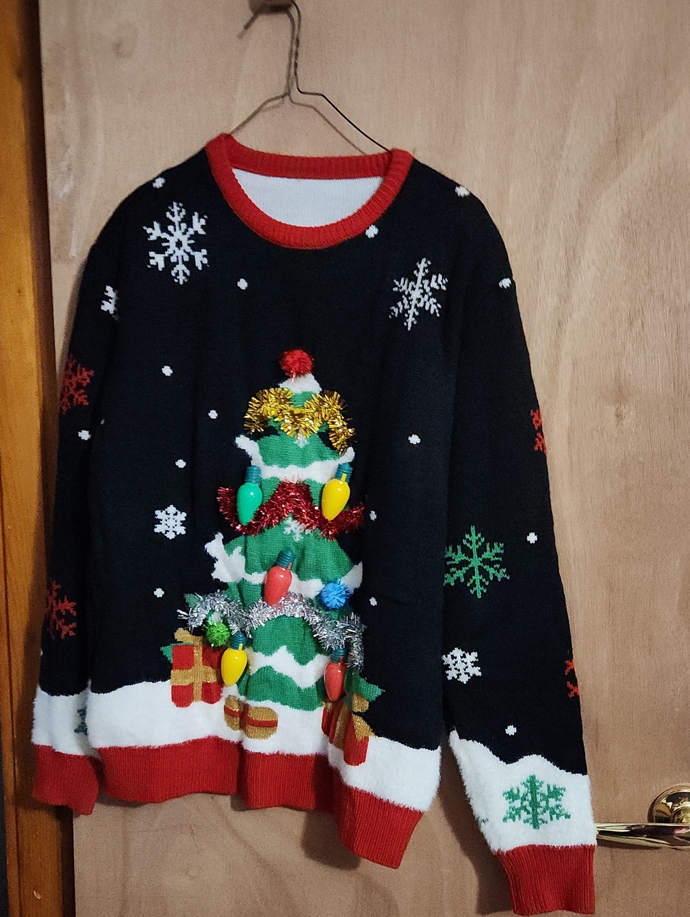 Festive Black Christmas Tree Holiday Sweater with Red Trim